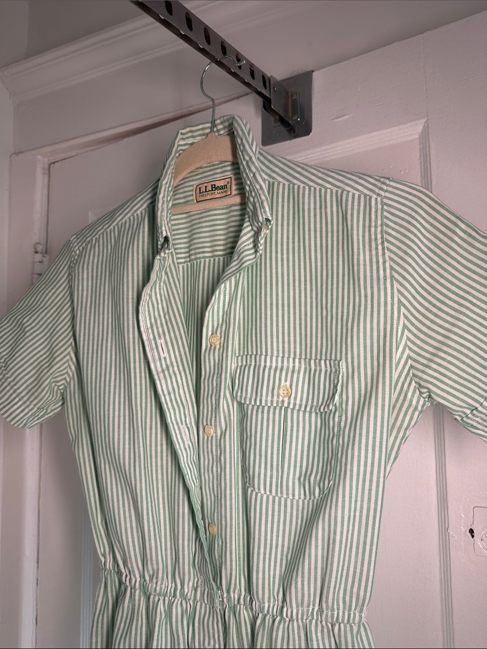 L.L. Bean Light Green and White Striped Button-Front Dress - Picture 2 of 4